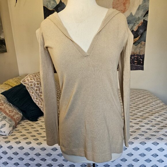 BCBGMAXAZRIA 100% Cashmere Hoodie Sweater XS Beige Tan Pullover Long Sleeve Soft - Picture 8 of 16